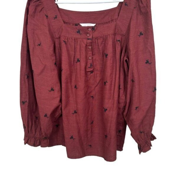 Lauren Conrad Women SZ M Square Neck Embroidered Long Sleeve Blouse Maroon - Picture 3 of 14